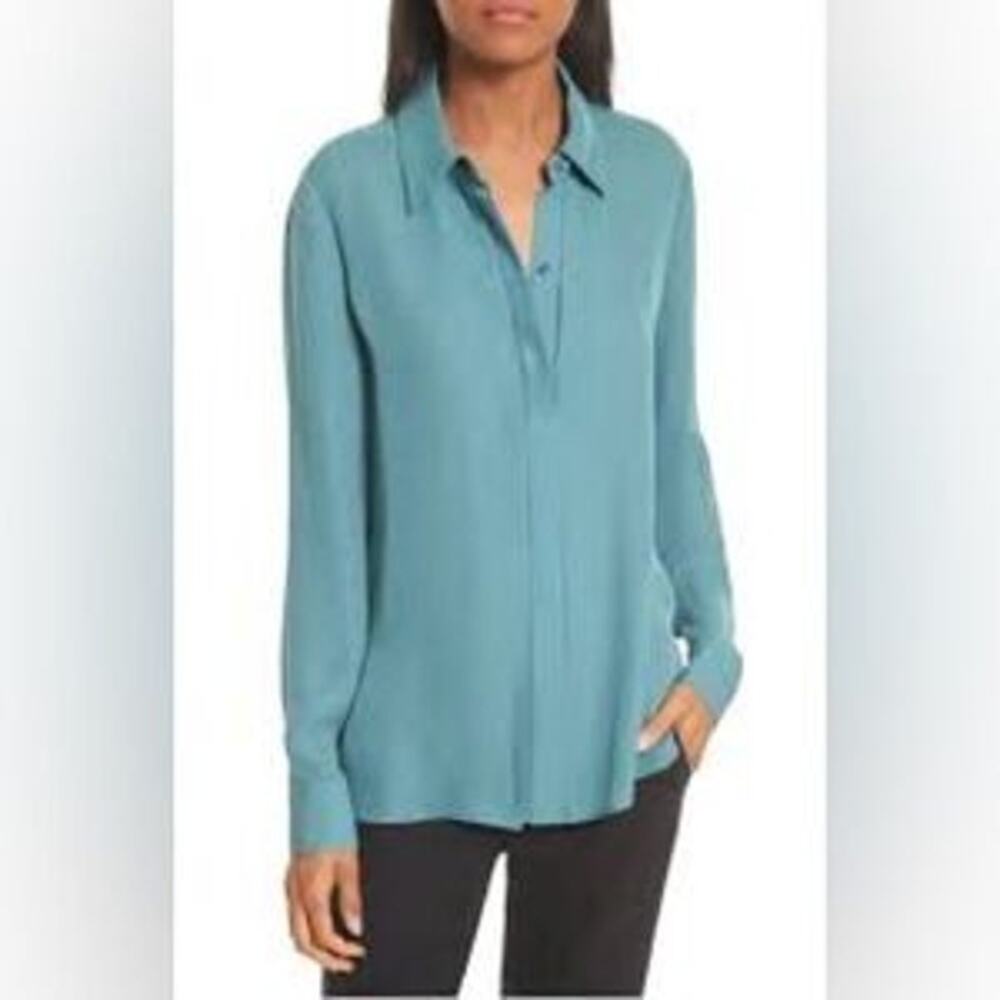 Vince Silk Button Up Blouse Seaglass Teal Lightweight Collared Women's 4